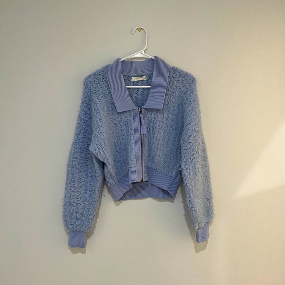 fluffy anthropologie zip up sweater